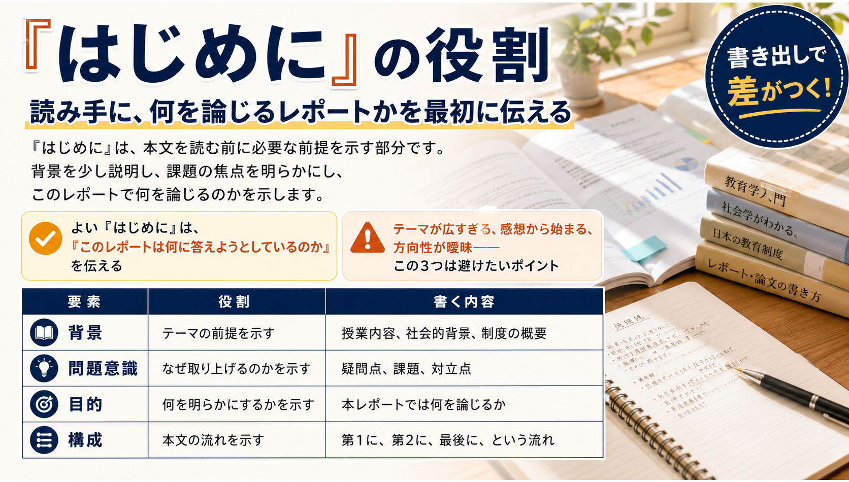 レポート はじめに 書き方 書き出し 序論 例文